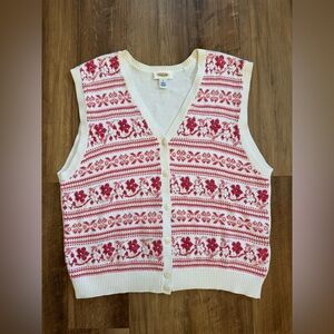 VINTAGE Talbots Pink White Floral Grandma Core Sweater Vest with Embroidery